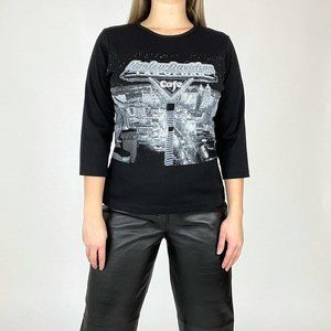 Vintage Harley Davidson cafe black city scape printed 3 quarter sleeve top!